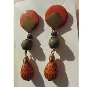 Vintage Boho Wood & Brass Dangle Earrings